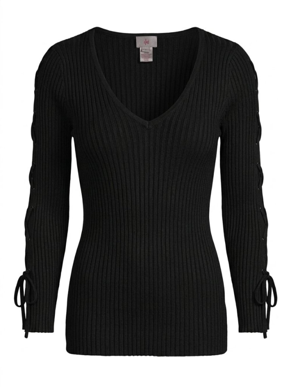 5/48 Ribbed Knit V-Neck Sweater Top Lace-Up Eyelet Long Sleeves Black M Goth